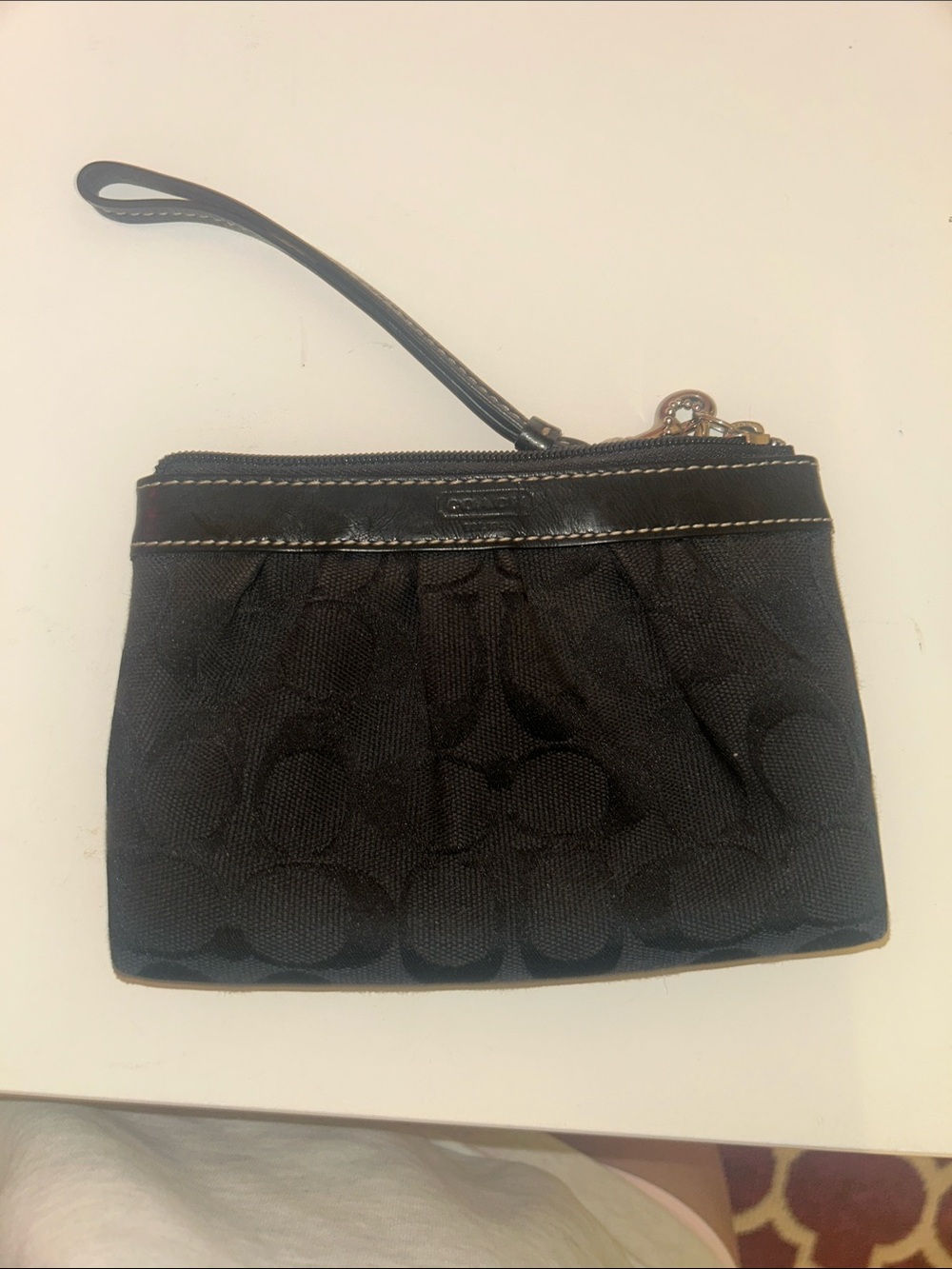 Coach Black Signature Wristlet with Leather Trim